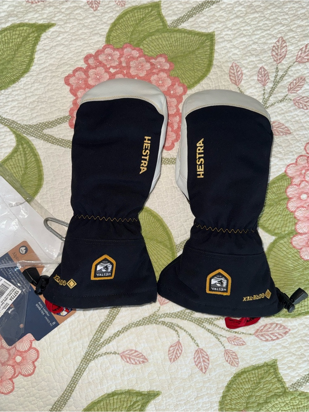 Hestra Black and White Ski Mittens with Gold Logo Accents
